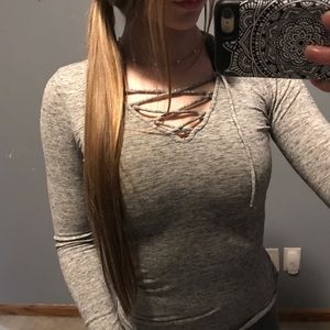 Grey Ribbed Hollister Lace Up Top